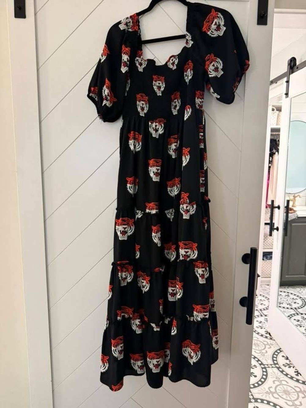 Dressed in LALA Black Maxi Dress with Red & White Tiger Motif